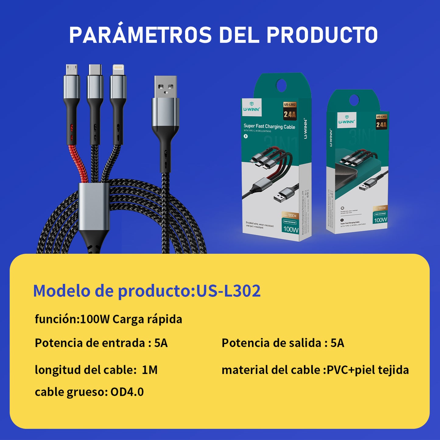 L302 3-in-1 Cable PD 1M Black UWINN